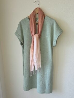 Textured Mint Green Mini Dress with Pink Scarf Side Pockets Sz L Casual Comfy